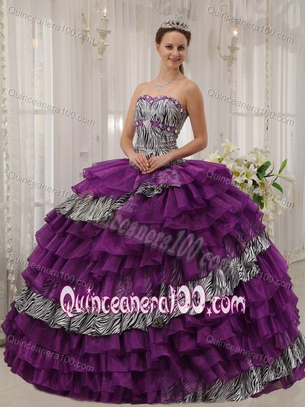 Zebra Print Purple Organza Dresses Quinceanera with Ruffled Layers ...