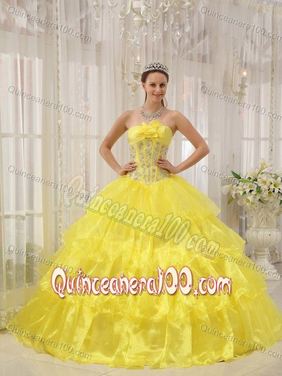 Appliqued Flowery Dresses for A Quinceanera in Bright Yellow ...