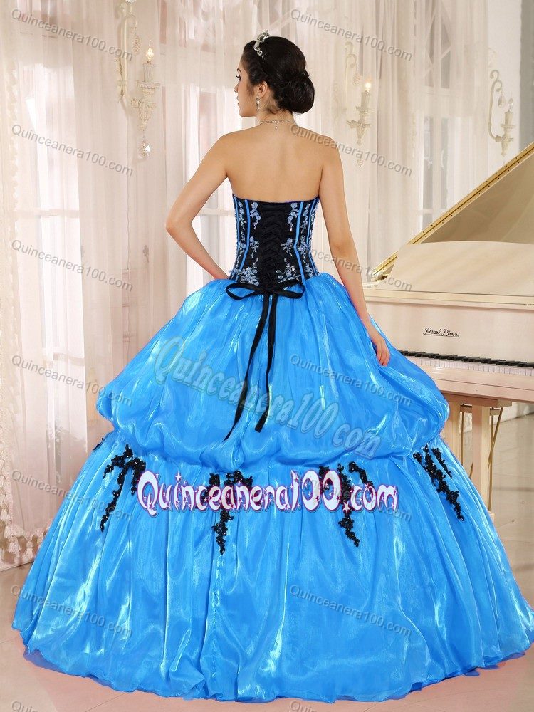 Dodger Blue Ball Gown Quinceanera Dress with Black Appliques ...