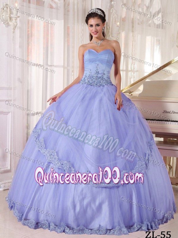 Lavender Ruched Sweetheart Tulle Dress for Quince with Appliques ...