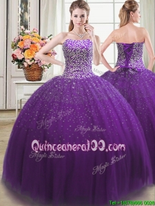 Beautiful Puffy Beaded Bodice Tulle Quinceanera Dress in Purple