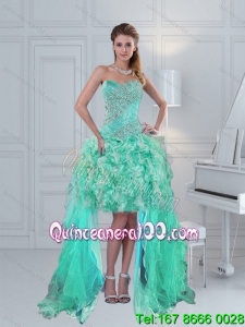 Prettu High Low Sweetheart Prom Dress with Ruffles and Beading in Apple Green