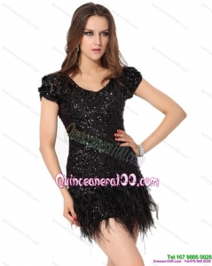 Cheap Black Mini Length Dama Dress with Sequins and Macrame