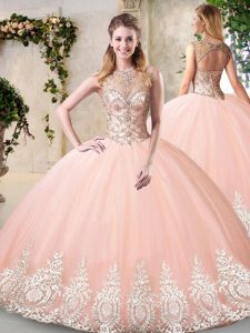 Fabulous Sleeveless Floor Length Beading and Appliques Backless Quinceanera Gowns with Peach