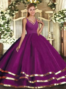 Cute Purple Sleeveless Floor Length Ruffled Layers Backless Quince Ball Gowns