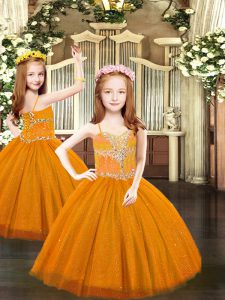 Admirable Tulle Spaghetti Straps Sleeveless Lace Up Beading Kids Formal Wear in Rust Red