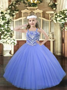 Admirable Floor Length Lace Up Little Girls Pageant Dress Wholesale Blue for Party and Quinceanera with Beading