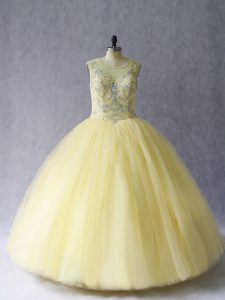 Delicate Light Yellow Ball Gowns Beading Quinceanera Dresses Lace Up Tulle Sleeveless Floor Length