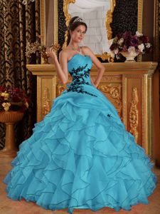 Aqua Blue Ruffled Organza Quinceanera Dresses with Appliques