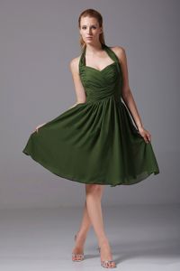Halter Top Olive Green Dama Dress with Ruches in Chiffon