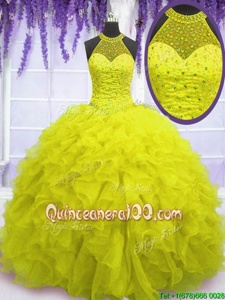 Simple High-neck Sleeveless Organza 15th Birthday Dress Beading and Ruffles Lace Up