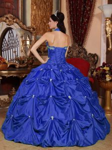 Royal Blue Halter Taffeta Quince Dresses with Appliques Pick ups ...